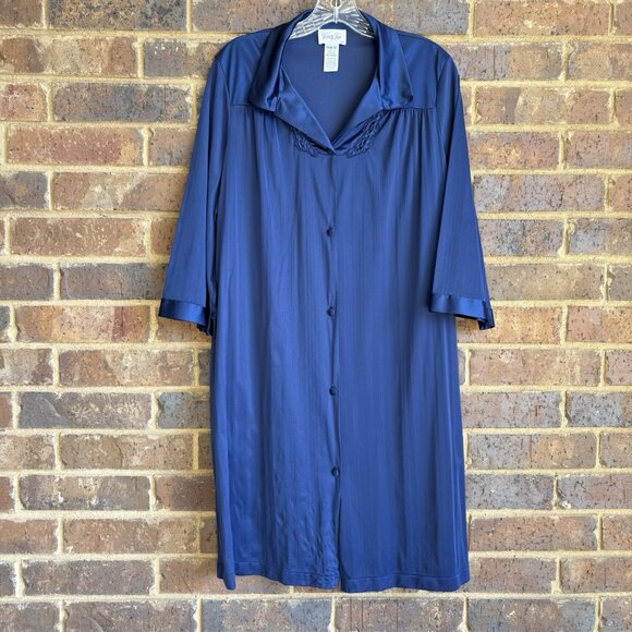 VTG Vanity Fair Nightgown Size M Navy Blue Nylon Button Lightweight One Pocket - Picture 1 of 7